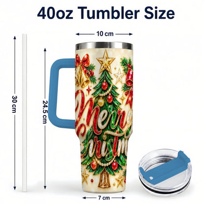 #pl[Blue] Gemstone Christmas 40oz Tumbler with Handle, Festive Tree Art
