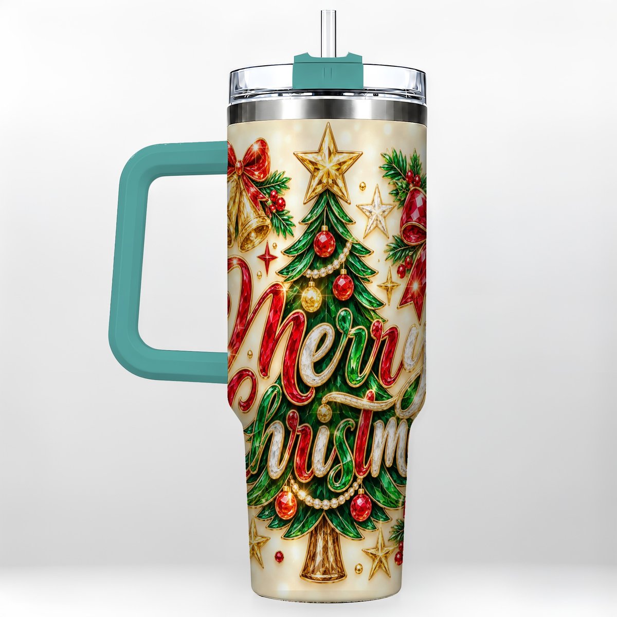 #pl[Green] Gemstone Christmas 40oz Tumbler with Handle, Festive Tree Art