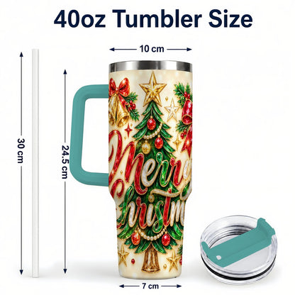 #pl[Green] Gemstone Christmas 40oz Tumbler with Handle, Festive Tree Art