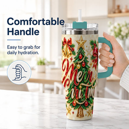 #pl[Green] Gemstone Christmas 40oz Tumbler with Handle, Festive Tree Art