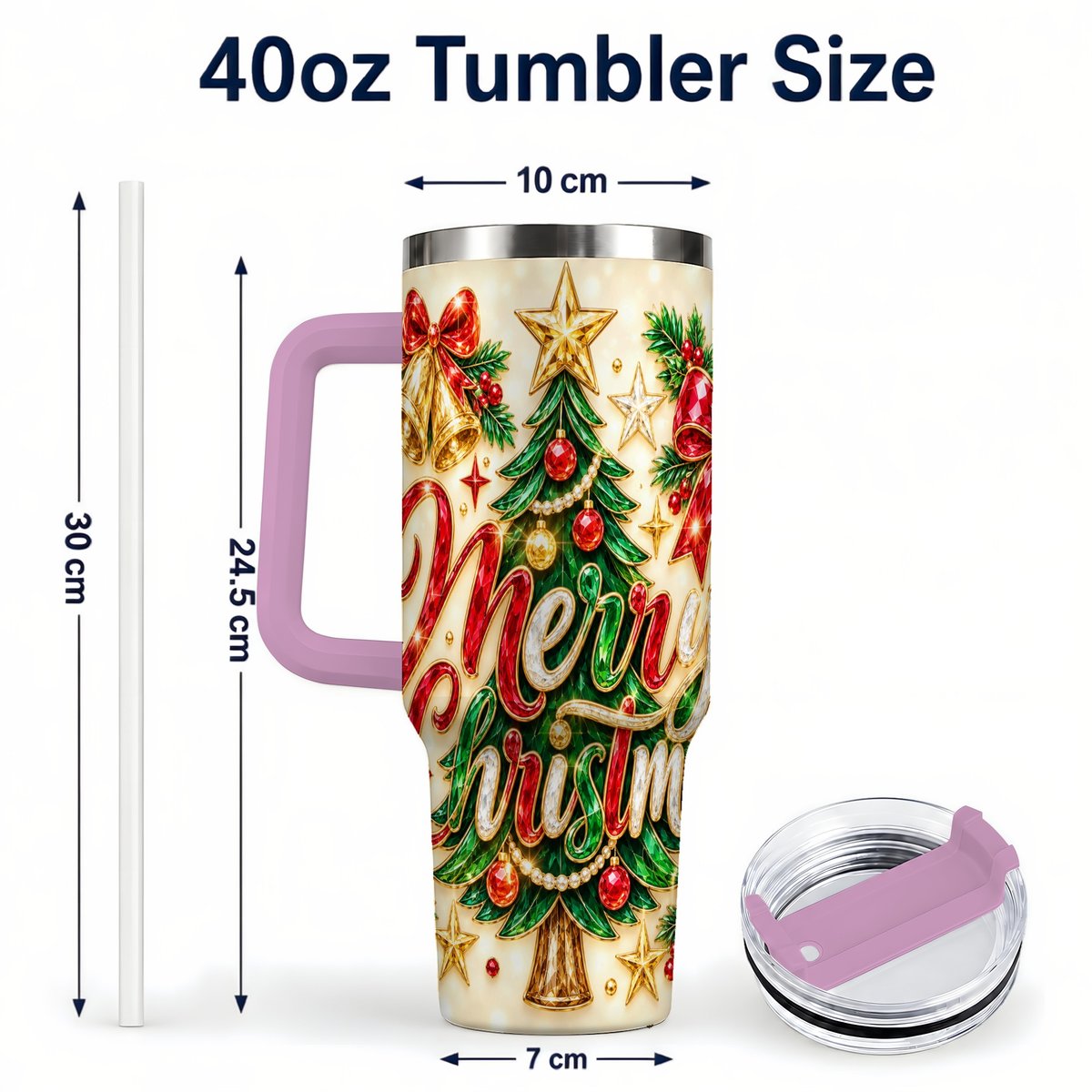 #pl[Pink] Gemstone Christmas 40oz Tumbler with Handle, Festive Tree Art