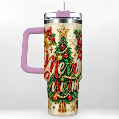 #pl[Pink] Gemstone Christmas 40oz Tumbler with Handle, Festive Tree Art