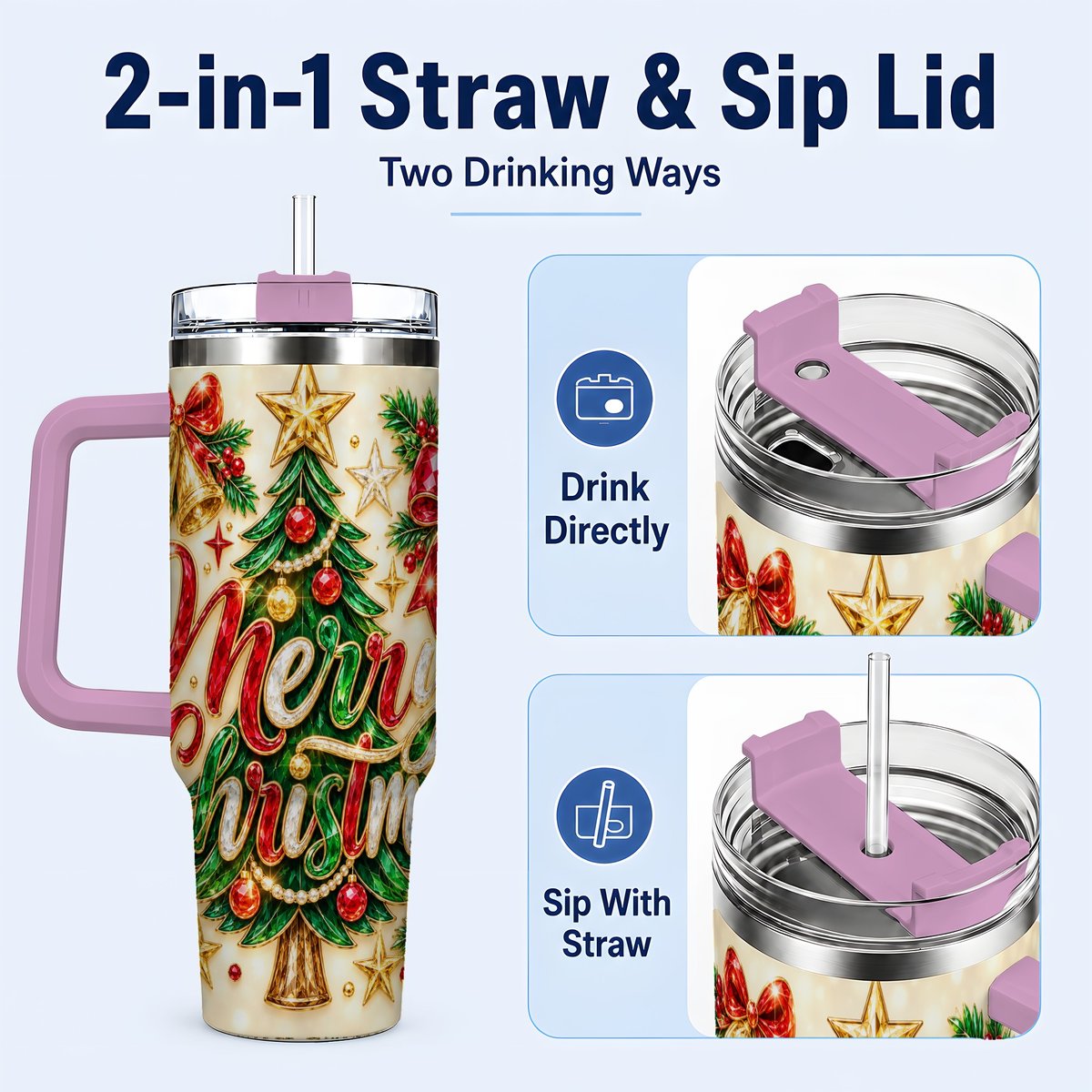 #pl[Pink] Gemstone Christmas 40oz Tumbler with Handle, Festive Tree Art
