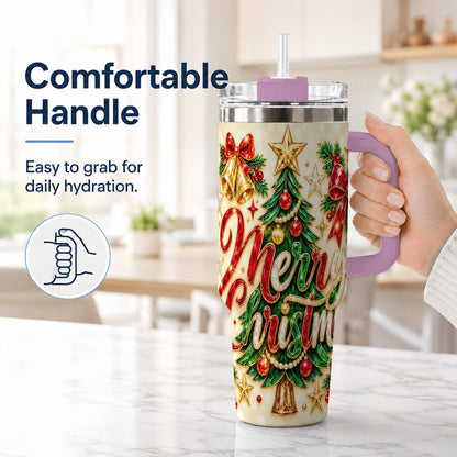 #pl[Pink] Gemstone Christmas 40oz Tumbler with Handle, Festive Tree Art