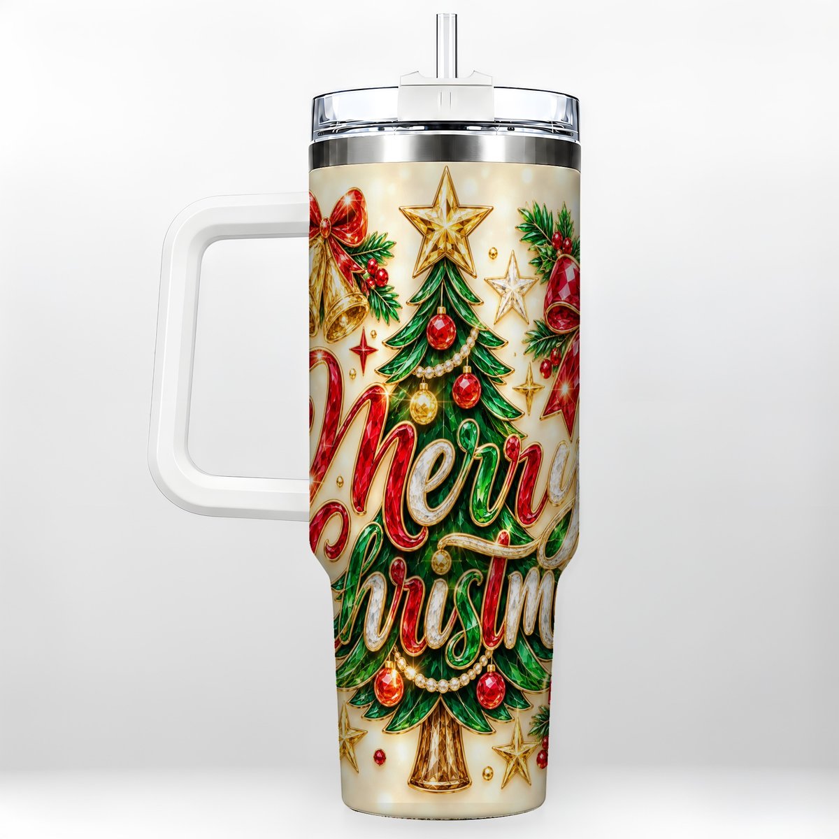 Gemstone Christmas 40oz Tumbler with Handle, Festive Tree Art