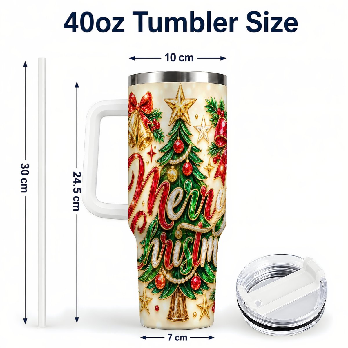 #pl[White] Gemstone Christmas 40oz Tumbler with Handle, Festive Tree Art
