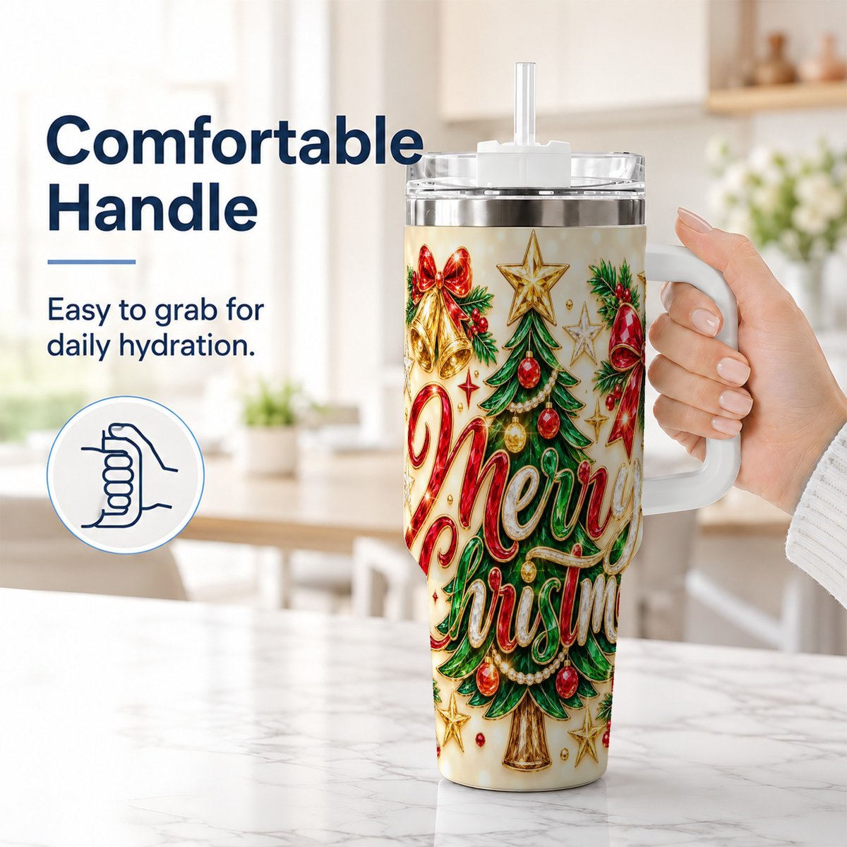#pl[White] Gemstone Christmas 40oz Tumbler with Handle, Festive Tree Art