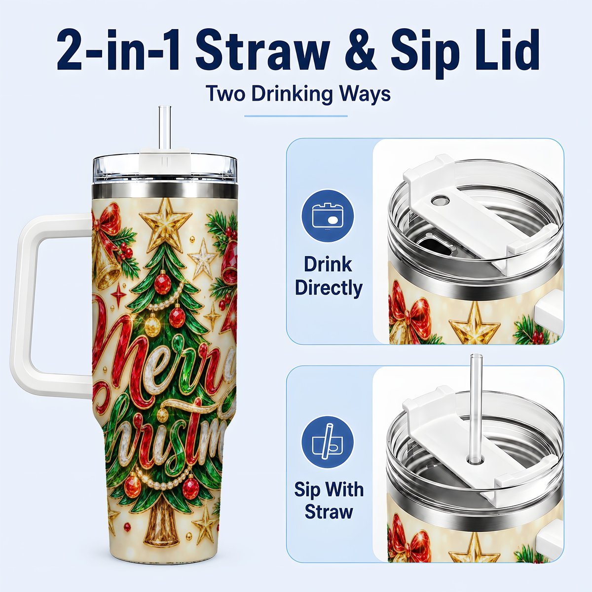#pl[White] Gemstone Christmas 40oz Tumbler with Handle, Festive Tree Art
