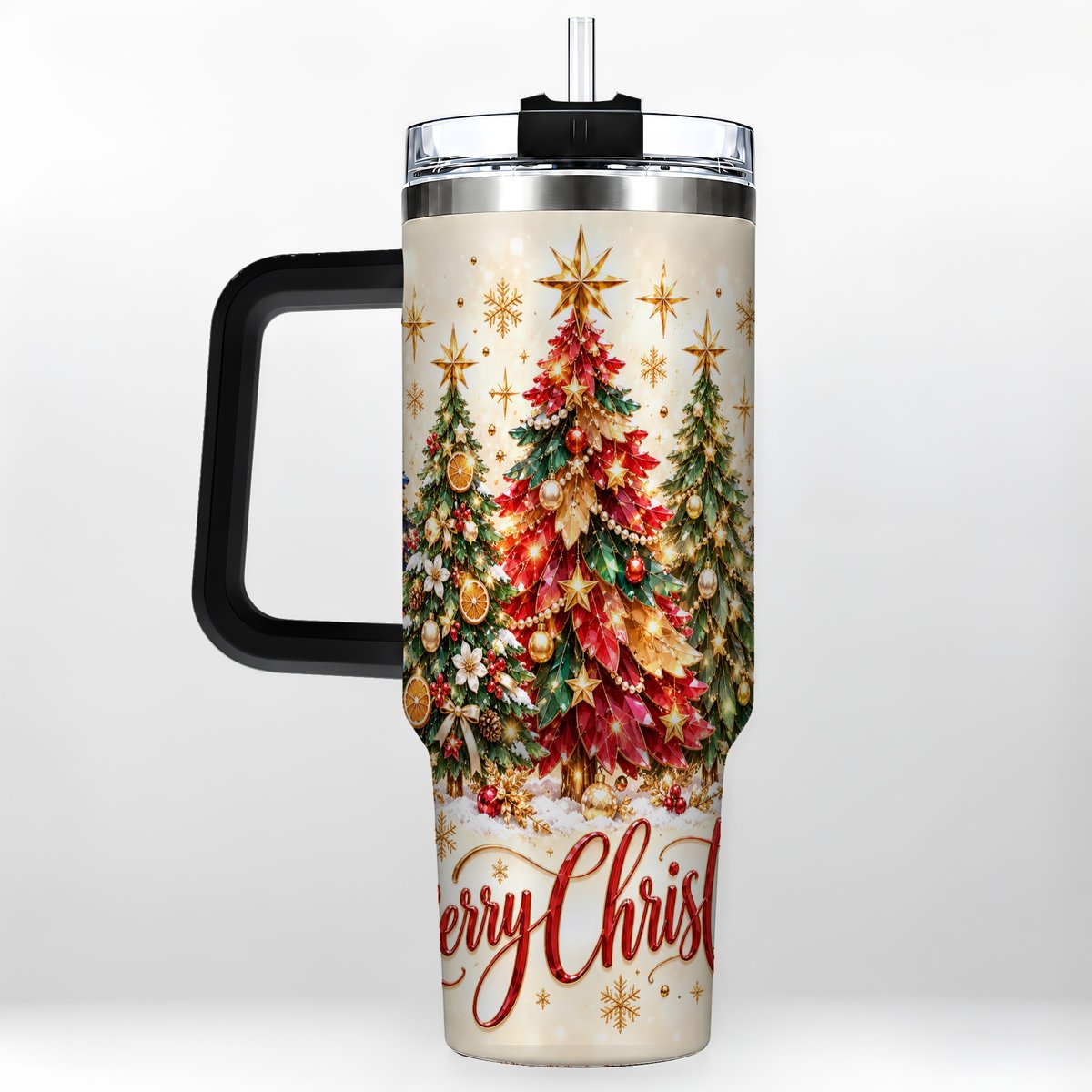 #pl[Black] Christmas Forest 40oz Tumbler with Handle, Holiday Tree Artwork