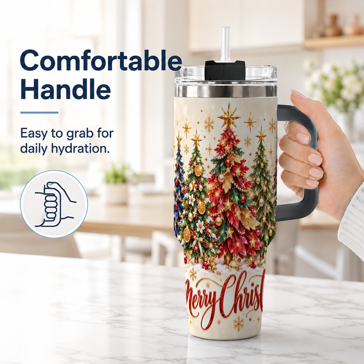 #pl[Black] Christmas Forest 40oz Tumbler with Handle, Holiday Tree Artwork