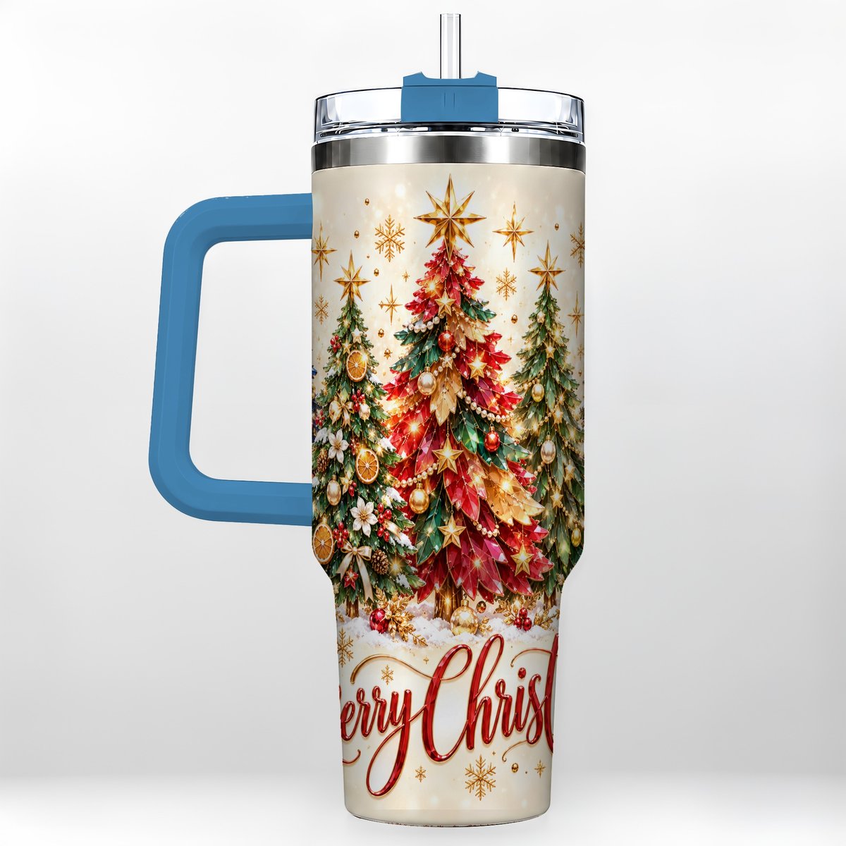 #pl[Blue] Christmas Forest 40oz Tumbler with Handle, Holiday Tree Artwork