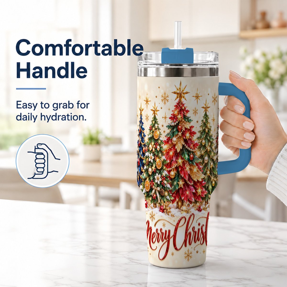 #pl[Blue] Christmas Forest 40oz Tumbler with Handle, Holiday Tree Artwork