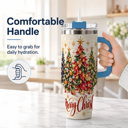 #pl[Blue] Christmas Forest 40oz Tumbler with Handle, Holiday Tree Artwork