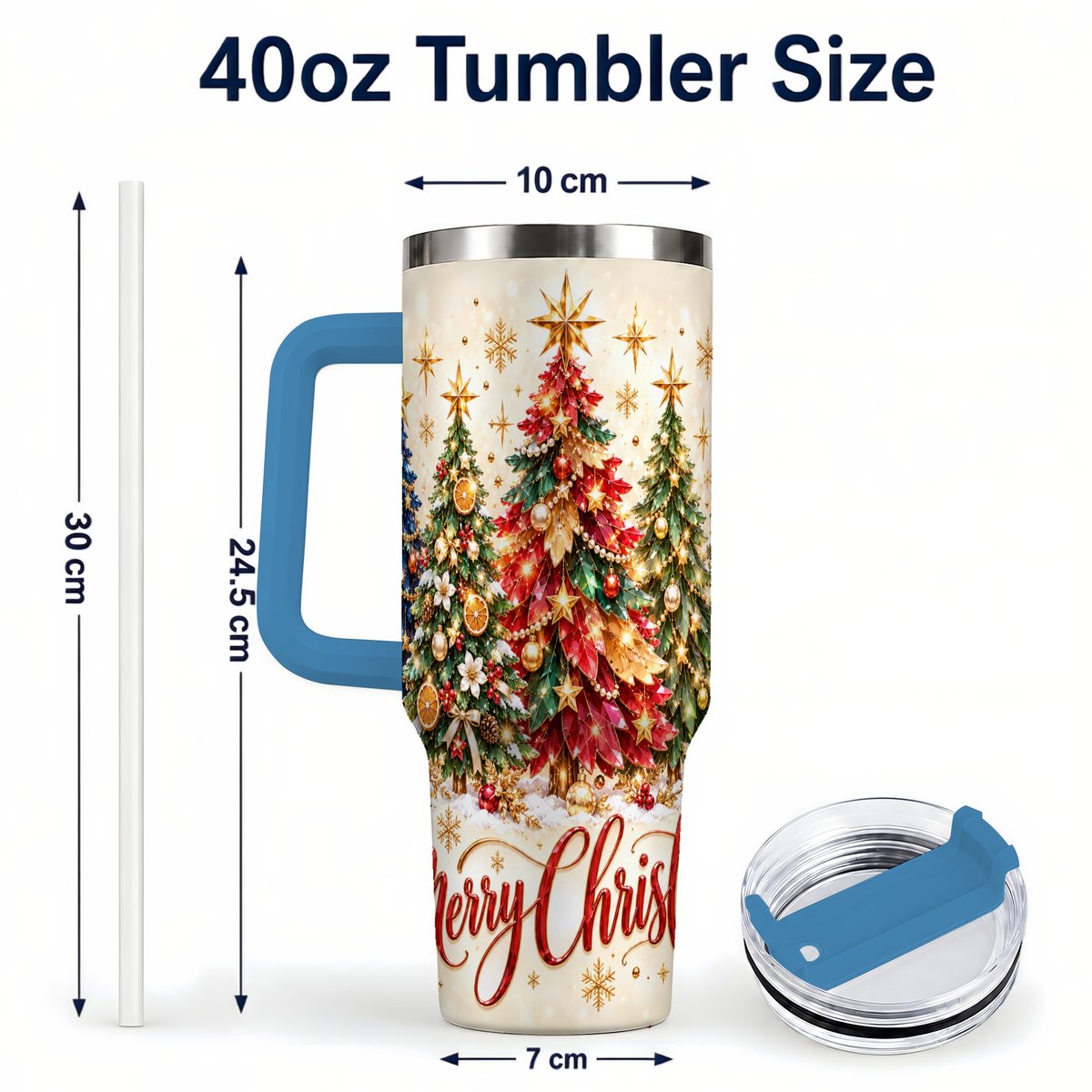 #pl[Blue] Christmas Forest 40oz Tumbler with Handle, Holiday Tree Artwork