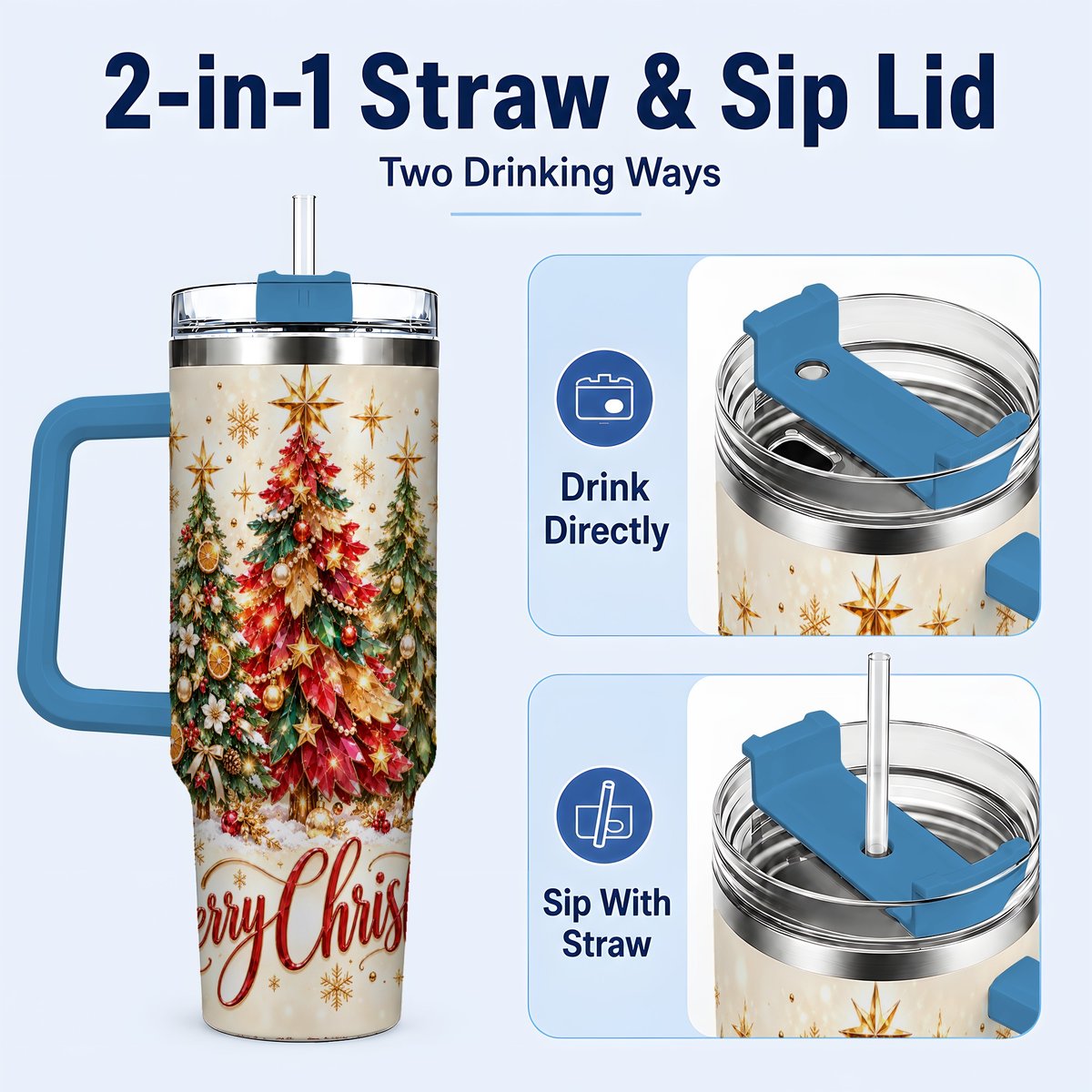 #pl[Blue] Christmas Forest 40oz Tumbler with Handle, Holiday Tree Artwork