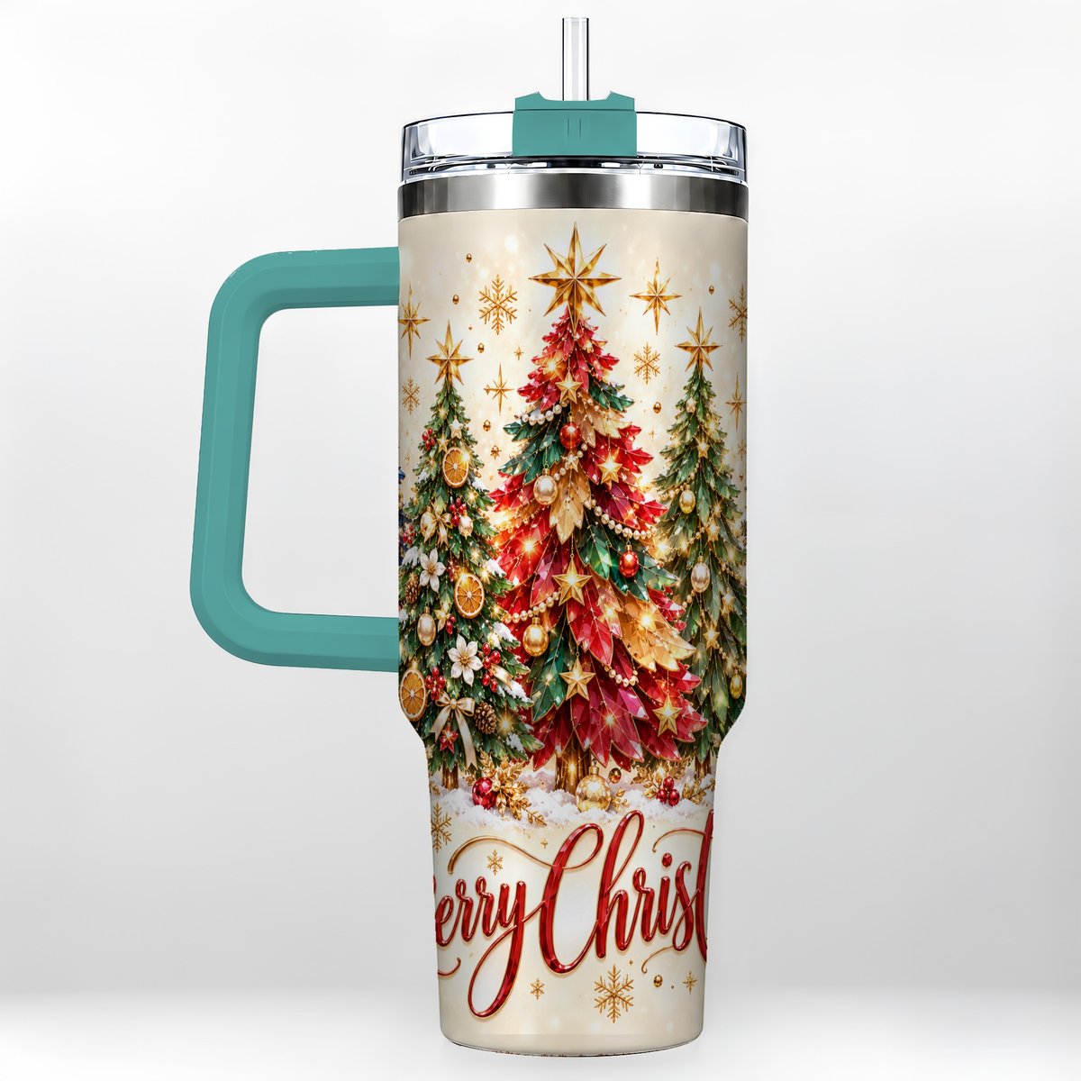 #pl[Green] Christmas Forest 40oz Tumbler with Handle, Holiday Tree Artwork