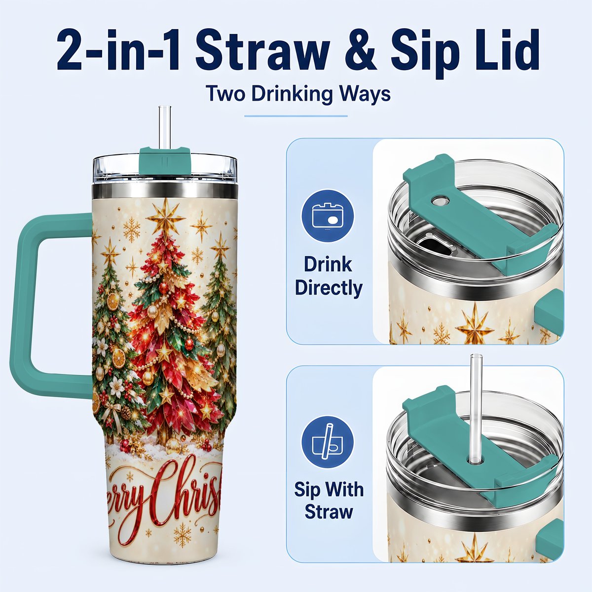 #pl[Green] Christmas Forest 40oz Tumbler with Handle, Holiday Tree Artwork
