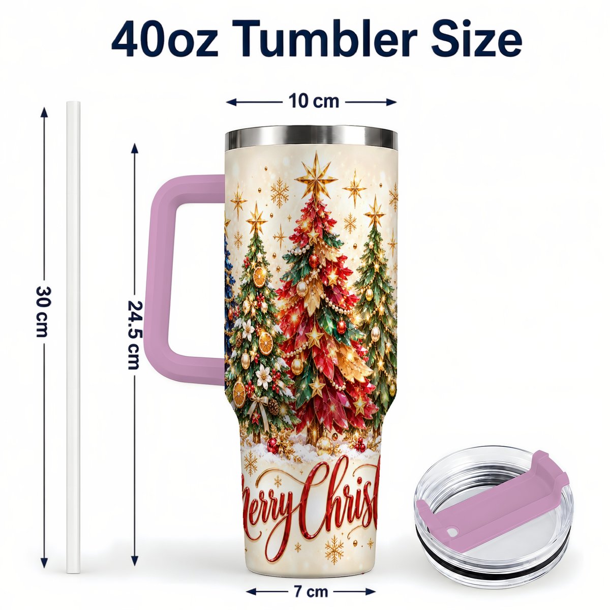 #pl[Pink] Christmas Forest 40oz Tumbler with Handle, Holiday Tree Artwork