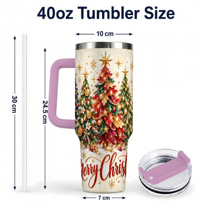 #pl[Pink] Christmas Forest 40oz Tumbler with Handle, Holiday Tree Artwork