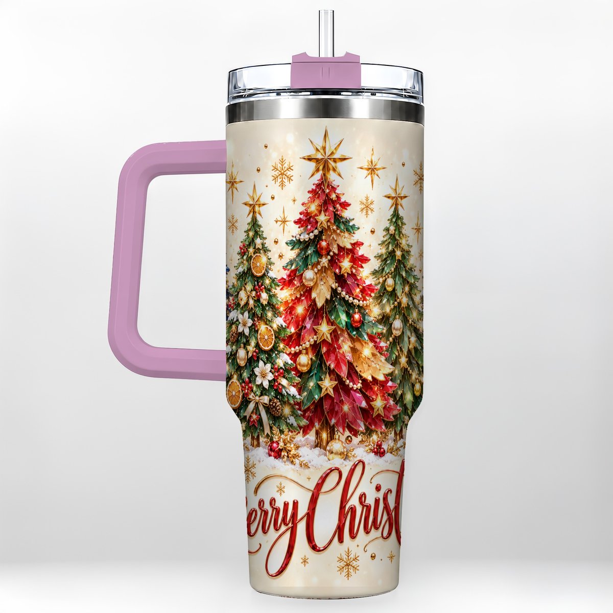 #pl[Pink] Christmas Forest 40oz Tumbler with Handle, Holiday Tree Artwork