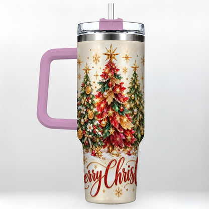 #pl[Pink] Christmas Forest 40oz Tumbler with Handle, Holiday Tree Artwork