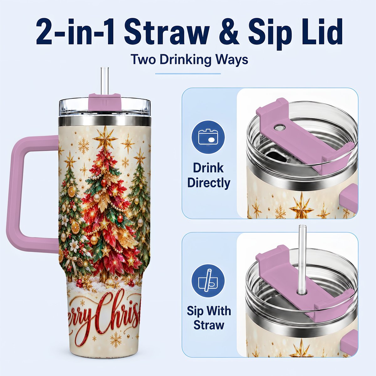 #pl[Pink] Christmas Forest 40oz Tumbler with Handle, Holiday Tree Artwork