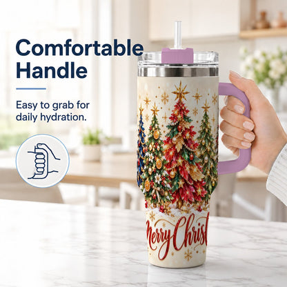 #pl[Pink] Christmas Forest 40oz Tumbler with Handle, Holiday Tree Artwork