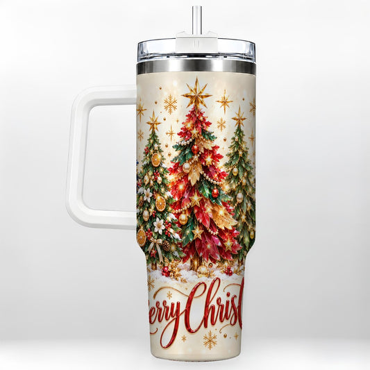 Christmas Forest 40oz Tumbler with Handle, Holiday Tree Artwork