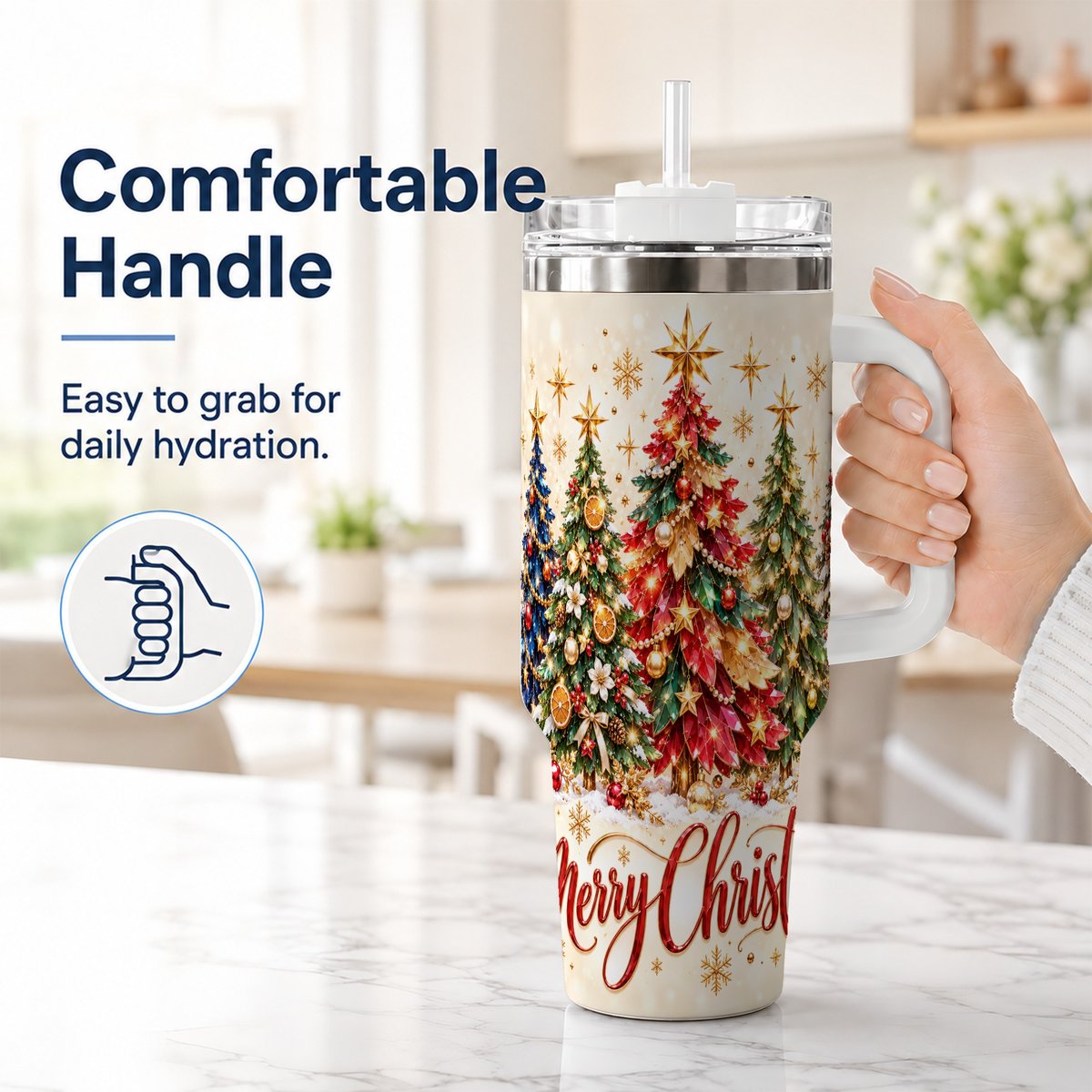 #pl[White] Christmas Forest 40oz Tumbler with Handle, Holiday Tree Artwork