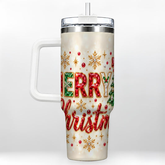 Merry Christmas 40oz Tumbler with Handle, Jeweled Tree Artwork