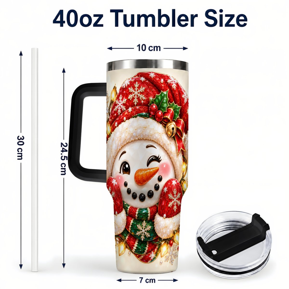#pl[Black] Christmas Snowman 40oz Tumbler with Handle, Festive Winter Art