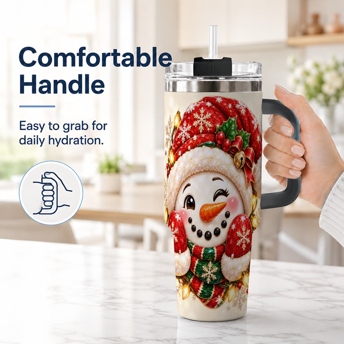 #pl[Black] Christmas Snowman 40oz Tumbler with Handle, Festive Winter Art