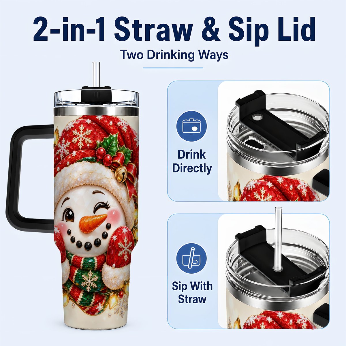 #pl[Black] Christmas Snowman 40oz Tumbler with Handle, Festive Winter Art