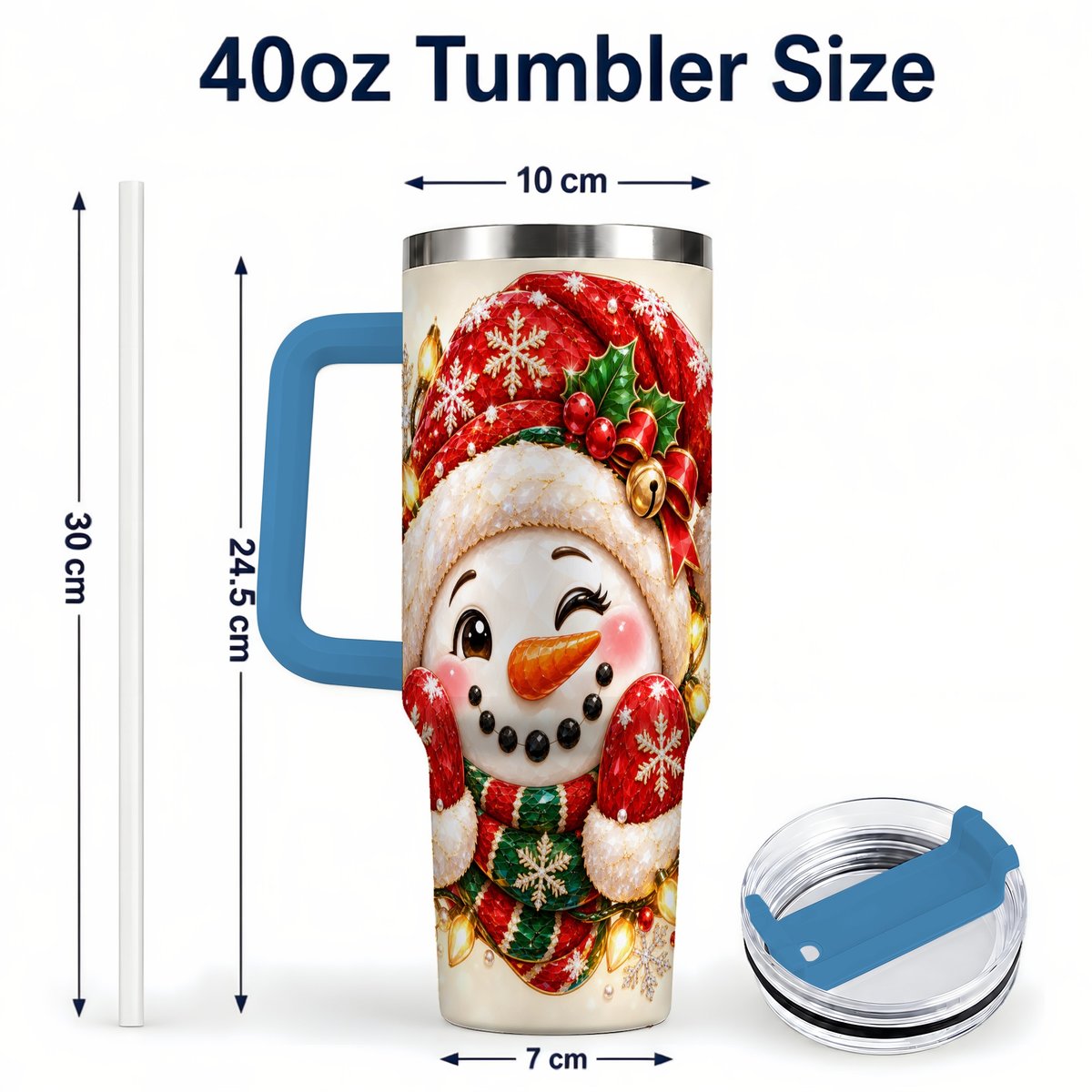 #pl[Blue] Christmas Snowman 40oz Tumbler with Handle, Festive Winter Art