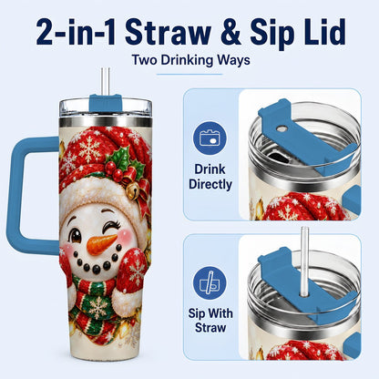 #pl[Blue] Christmas Snowman 40oz Tumbler with Handle, Festive Winter Art