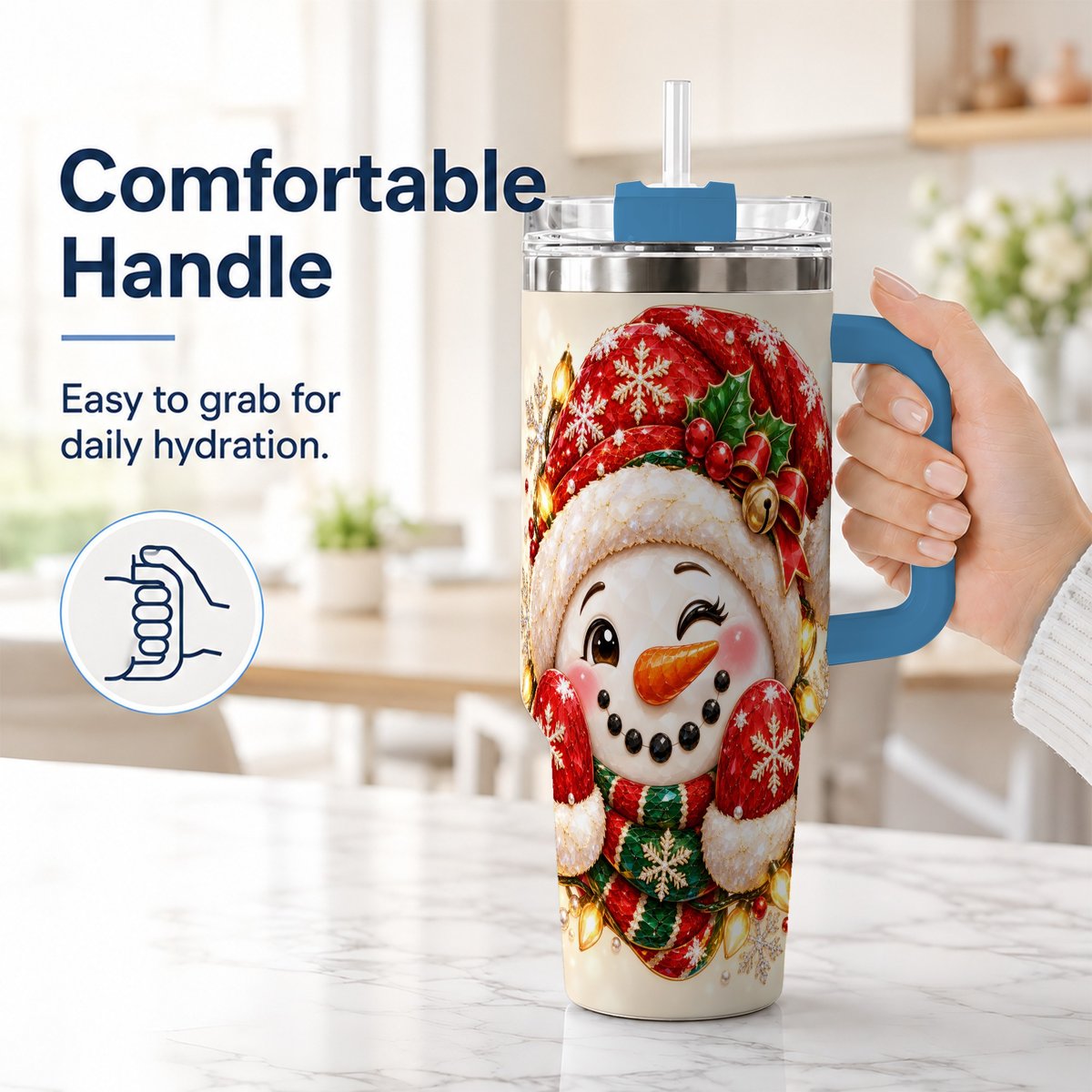 #pl[Blue] Christmas Snowman 40oz Tumbler with Handle, Festive Winter Art