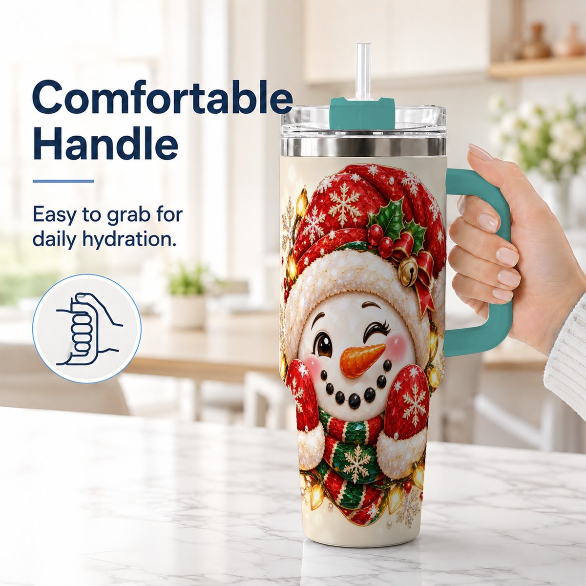 #pl[Green] Christmas Snowman 40oz Tumbler with Handle, Festive Winter Art