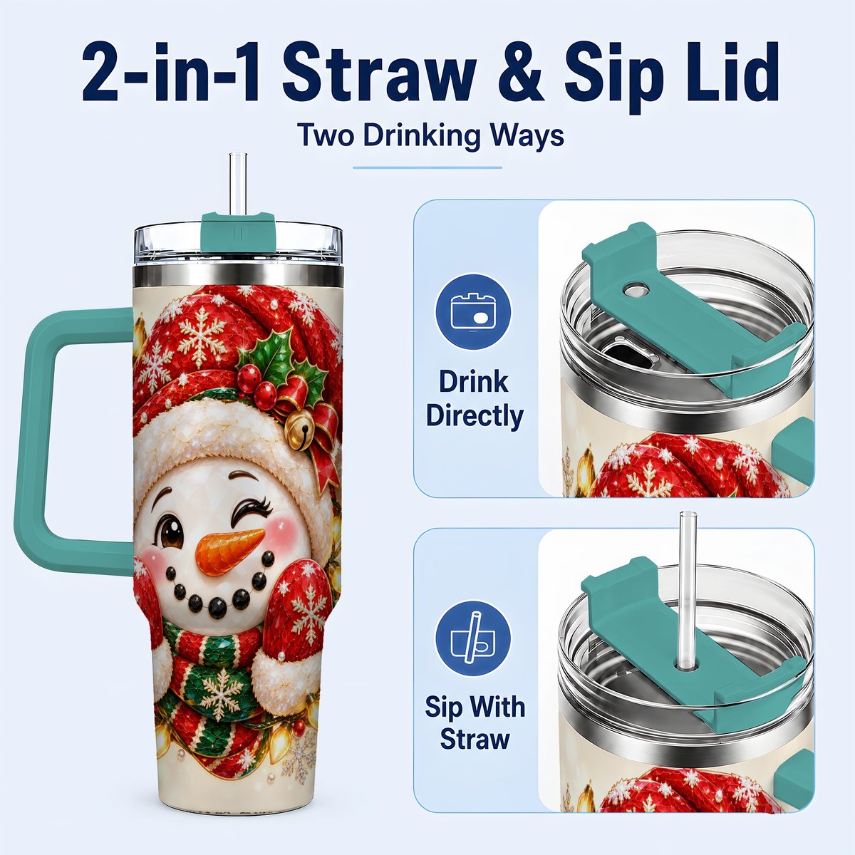 #pl[Green] Christmas Snowman 40oz Tumbler with Handle, Festive Winter Art