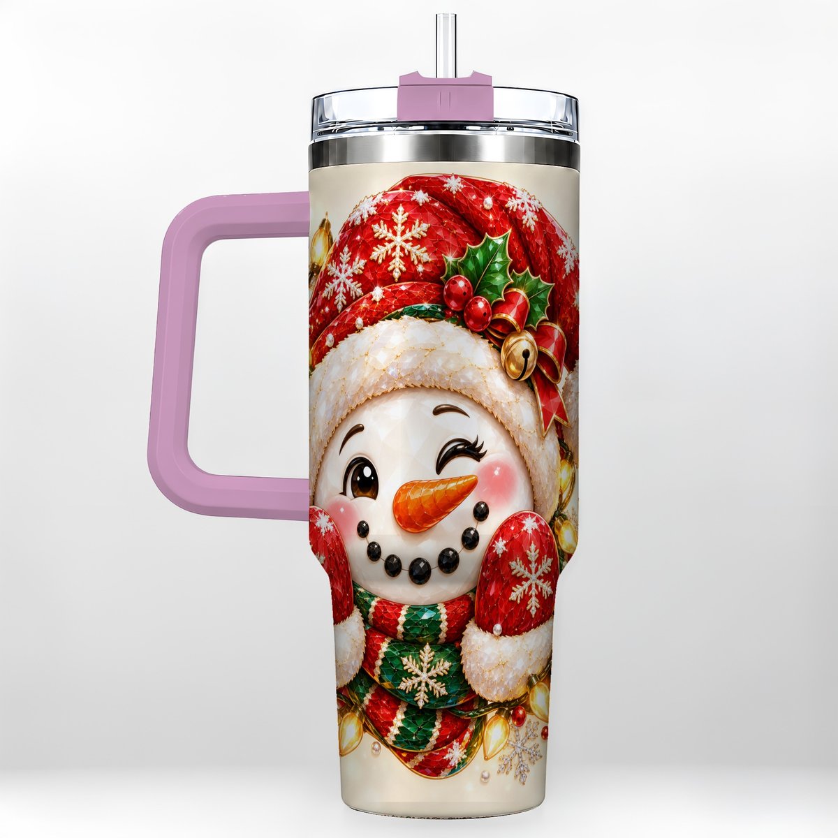 #pl[Pink] Christmas Snowman 40oz Tumbler with Handle, Festive Winter Art