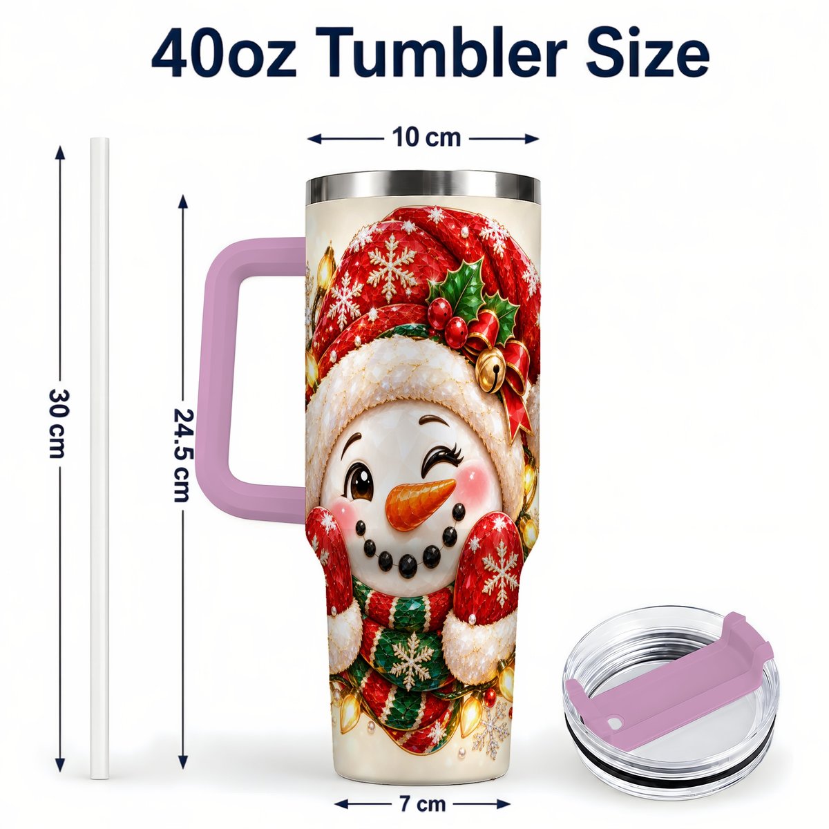 #pl[Pink] Christmas Snowman 40oz Tumbler with Handle, Festive Winter Art