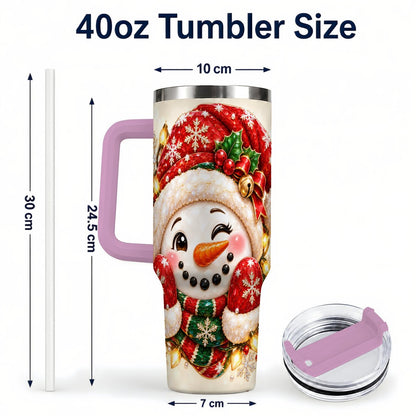#pl[Pink] Christmas Snowman 40oz Tumbler with Handle, Festive Winter Art