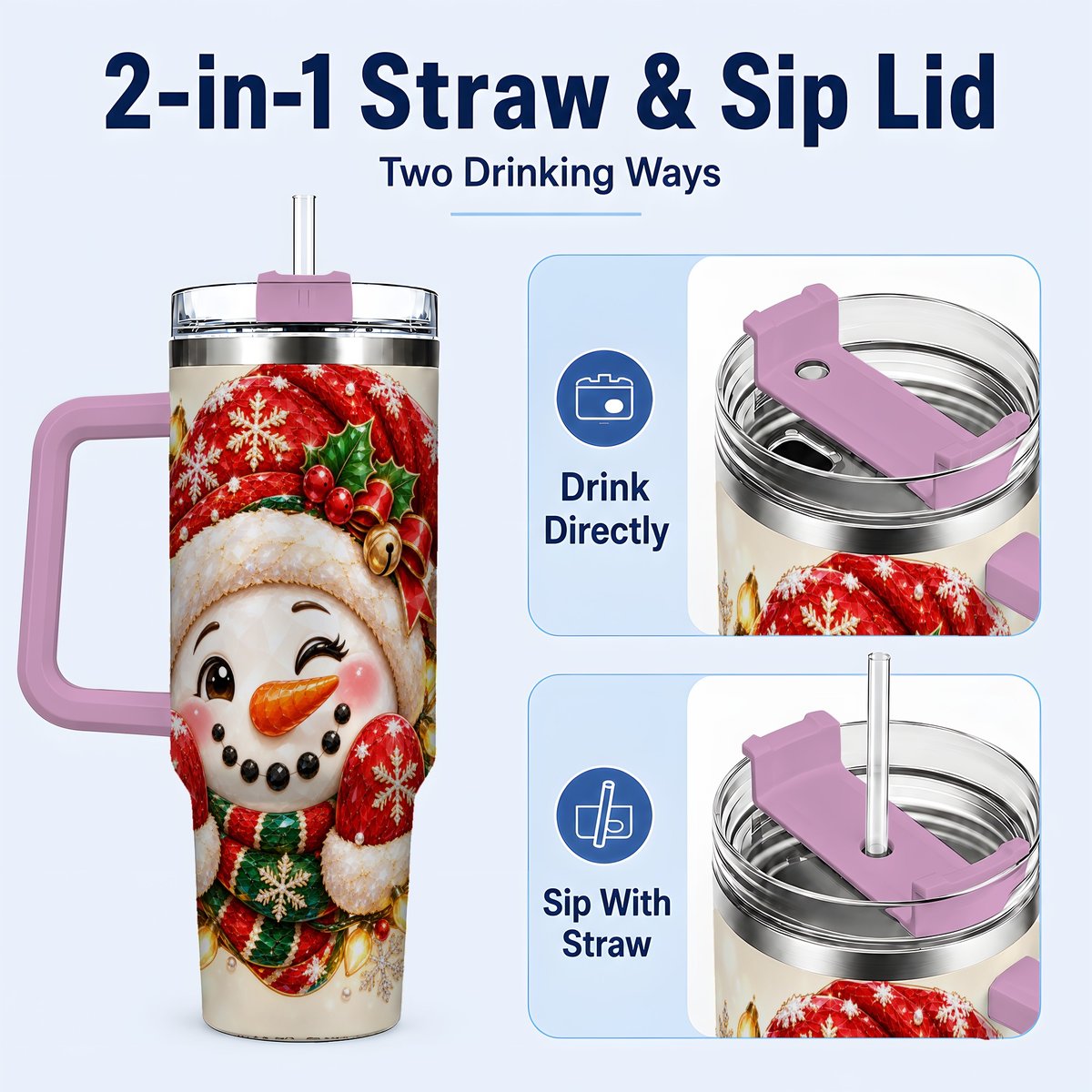 #pl[Pink] Christmas Snowman 40oz Tumbler with Handle, Festive Winter Art