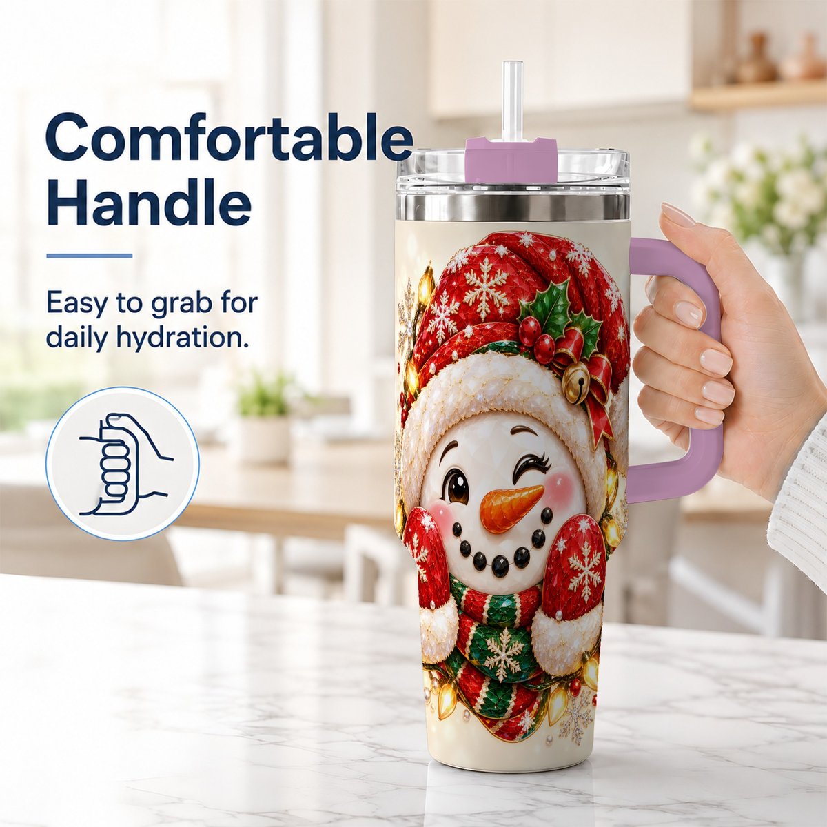 #pl[Pink] Christmas Snowman 40oz Tumbler with Handle, Festive Winter Art