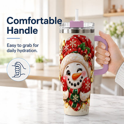 #pl[Pink] Christmas Snowman 40oz Tumbler with Handle, Festive Winter Art