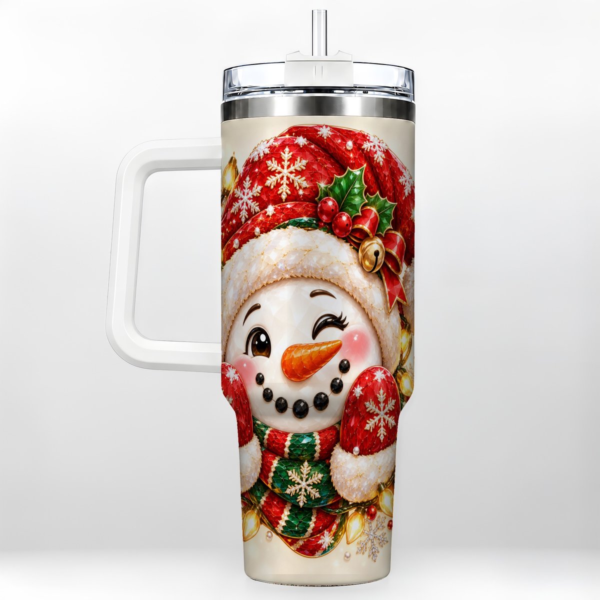 Christmas Snowman 40oz Tumbler with Handle, Festive Winter Art
