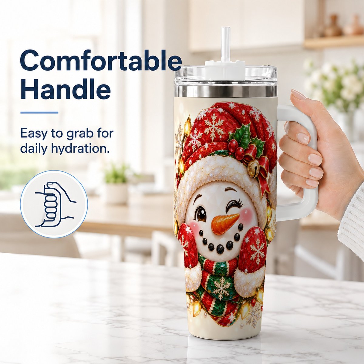 #pl[White] Christmas Snowman 40oz Tumbler with Handle, Festive Winter Art