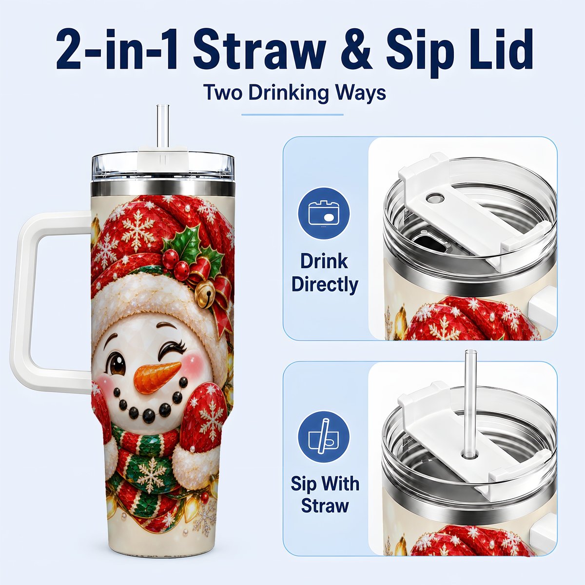 #pl[White] Christmas Snowman 40oz Tumbler with Handle, Festive Winter Art