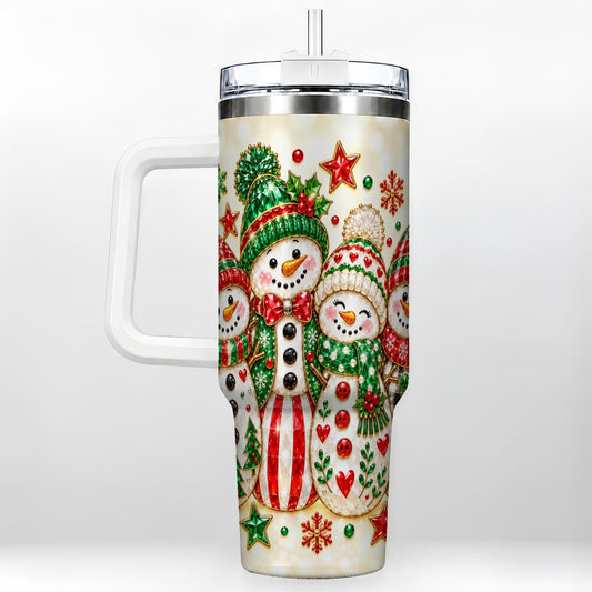 Snowman Family 40oz Tumbler with Handle, Cozy Winter Artwork