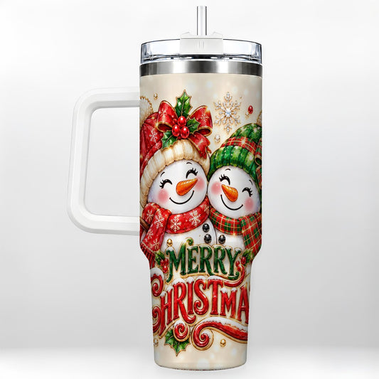 Christmas Snowman Couple 40oz Tumbler with Handle, Festive Winter Art