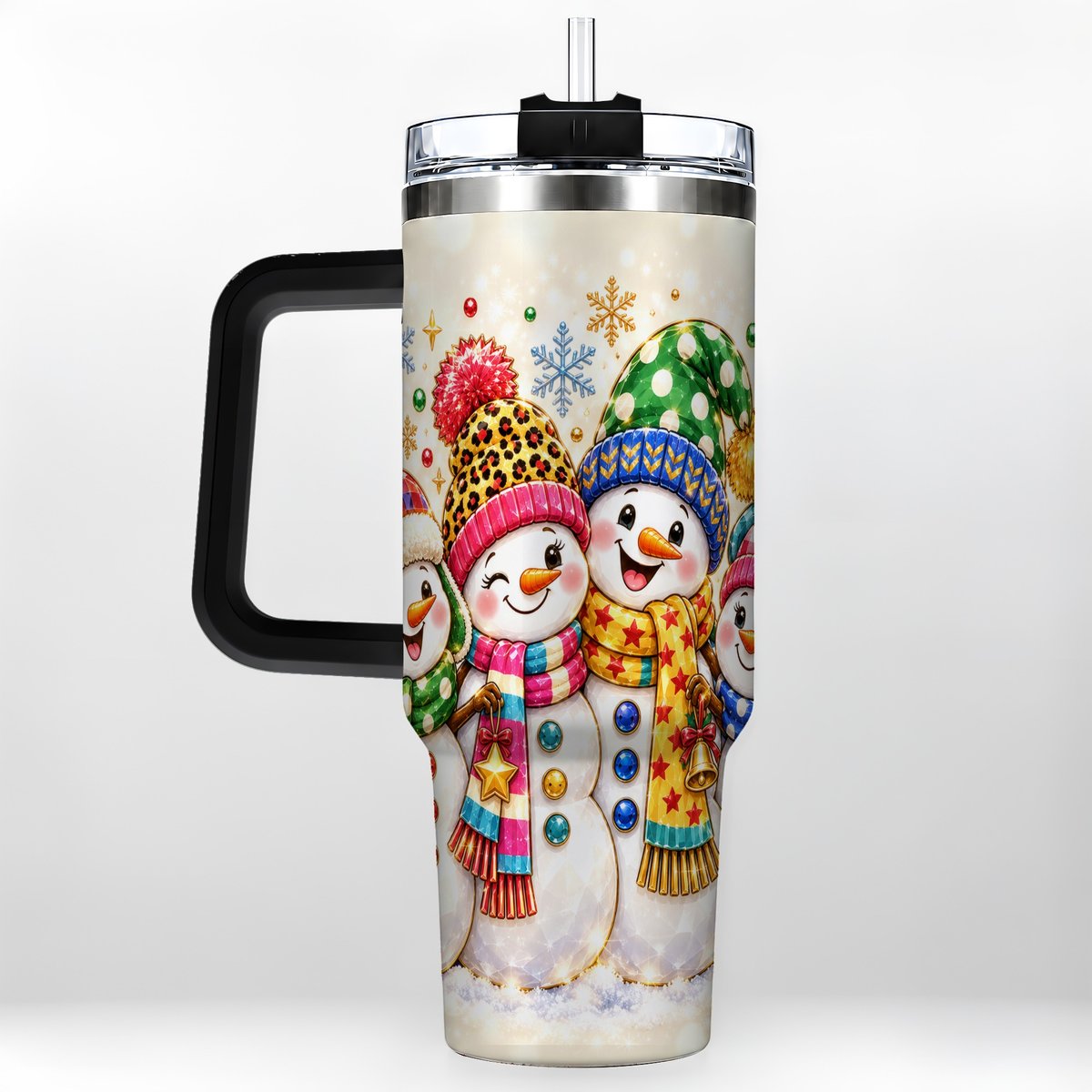 #pl[Black] Snowman Family 40oz Tumbler with Handle, Colorful Winter Art
